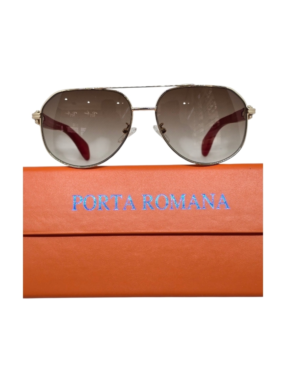 Porta Romana 1516 Gold Aviator Sunglasses with Orange Case AND WOODEN RED TEMPLE